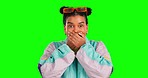 Shock, woman and face with green screen and surprise from news and announcement. Wow, emoji and portrait of a young female with hands covering mouth from gossip and shocking information in studio