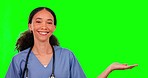 Green screen, nurse and woman with palm space in studio isolated on a background. Face portrait, medical professional and happy person with hand mockup, product placement or advertising for marketing