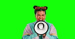 Green screen face, megaphone or angry woman shout for human rights protest, government transformation or justice rally. Gender equality speech, chroma key portrait or person talk on studio background