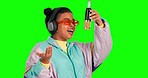 Green screen microphone, music studio and singing woman, radio voice rapper or hip hop singer recording broadcast song. Rap artist, chroma key headphones or gen z female musician on mockup background