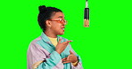 Green screen microphone, music rapper and woman singing song, recording voice track and hip hop singer performance. Retro musician, chroma key artist and gen z female rap on radio studio background