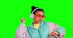 Green screen headphones, music and woman dancing to happy podcast song, radio sound or listen to audio track. Chroma key person, excited dance energy or retro gen z dancer on mockup studio background