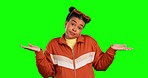 Green screen decision, woman face and palm comparison for product placement, scale balance or offer mockup. Dont know gesture, chroma key portrait and confused female choice on studio background