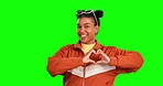 Green screen face, happy and woman with heart sign for romantic love, support and studio kindness. Emoji hand gesture, chroma key portrait and person with care symbol isolated on mockup background