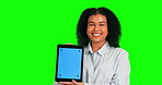 Green screen face, tablet or happy woman with mockup screen, tracking markers and business presentation space. Online tech device, chroma key portrait or product placement female on studio background