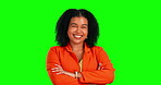 Green screen face, confidence and happy woman with crossed arms, business pride and smile for career success. Professional portrait, chroma key agent and female work empowerment on studio background