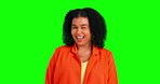 Green screen face, wink or happy woman with arms crossed, flirting emoji gesture and business pride in corporate growth. Manager portrait, chroma key mockup or female empowerment on studio background