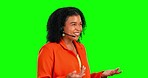 Green screen, customer service communication or happy woman talking in callcenter, telemarketing or telecom. Networking consultant, chroma key person or business agent consulting on studio background