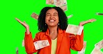 Green screen celebration, happy woman and money rain for business profit, euro cash payment or prize giveaway. Excited competition winner, economy growth and chroma key person on studio background