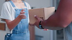 Delivery, box and courier with hands of people at front door for cargo, online shopping and package. Logistics, product shipment and exchange with man and woman for supply chain, retail and export 