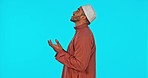 Man, islam prayer and faith by studio background for religion, gratitude and worship god for peace. Islamic male, muslim and praying hands for ramadan kareem, eid and spiritual mindset by backdrop