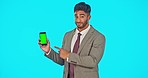 Green screen, phone and business man with thumbs up, bad and ok sign for stock market or investment choice. Financial advisor or person with mobile app mockup for advice isolated on studio background