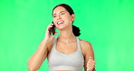 Phone call, smile and excited with a woman on a green screen background in studio for communication. Mobile, contact and conversation with an attractive young female chatting against chromakey mockup