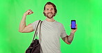 Strong man, phone or green screen for advertising website or gym membership subscription. Portrait of happy person with mobile device for exercise app, mockup space or progress on studio background