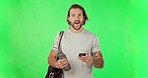 Face, fitness and happy man with green screen, cellphone and winning against a studio background. Portrait, male athlete and person with smartphone, achievement and excited with target and victory