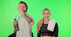 Invite, exercise and join  the gym on green screen with a couple ready to welcome a new member in studio. Portrait, motivation or hand gesture with a man and woman together on chromakey for fitness
