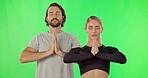 Zen, meditation and yoga, couple on green screen with spiritual wellness, mindfulness and balance. Chakra health, man and woman meditate, breathing exercise and peace in studio with healthy mindset.