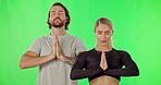 Zen, meditation and mindfulness, couple on green screen with spiritual wellness, yoga and balance. Chakra health, man and woman meditate, breathing exercise and peace in studio with healthy mindset.