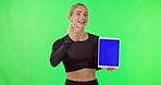 Woman, tablet and thumbs up portrait on green screen for gym membership sign up on website. Happy athlete person with mobile device for exercise app, mockup or invite offer on studio background
