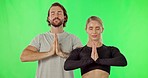 Meditation, man and woman on green screen with zen, spiritual wellness and mindfulness in yoga. Chakra health, meditate and couple in breathing exercise, peace in studio and healthy mindset together.