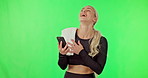 Woman, phone and green screen to celebrate exercise win or progress on workout app or website. Happy athlete person with mobile device for fitness, goals or competition mockup on studio background
