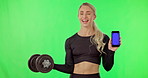 Woman, exercise and dumbbell or phone green screen in studio for progress or gym app mockup. Portrait of athlete person with a smile for fitness, workout and strong muscle website or ux on smartphone