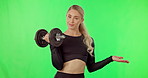 Woman, exercise and dumbbell on green screen and pointing finger at space or gym mockup. Portrait of athlete person and fitness workout for strong muscle or membership offer, promotion or discount 