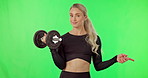 Exercise, dumbbell and woman on green screen and pointing finger at space or gym mockup. Portrait of athlete person and fitness workout for strong muscle or wellness offer, promotion or discount 