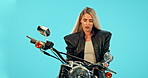 Sport, cool and motorcycle with woman in studio for vintage, retro or transportation. Urban, leather and fashion with biker riding on motorbike and isolated on blue background for travel and attitude