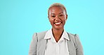 Comic, face and black woman in studio laughing at joke, happy and enjoying silly humor against blue background. Portrait, comedy and small business owner laugh at funny memory, crazy and having fun