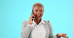 Business, phone call and black woman with a smartphone, planning and conversation on a blue studio background. Female employee, entrepreneur or consultant with cellphone, connection and communication