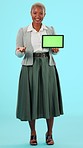Black woman, studio and tablet green screen portrait for advertising mockup space or website. Happy person with mobile device in hand talking about app, ux or brand and logo design on blue background