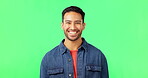 Man, laughing and portrait on green screen in studio with space for comic joke and funny emoji. Face of asian male model person laugh for happiness or positive mindset on chroma key background