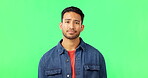 Man, portrait and green screen or unhappy and shaking head for bad rating, review or feedback. Face of asian male on studio background for no, disappointment and bad news or rejection and opinion