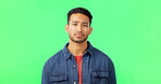 Man, studio and sad portrait on green screen while shaking head for feedback, fail or no. Face of asian male model person with bad news or negative review or rating on studio background or chroma key