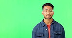 Man, sad and portrait on green screen while shaking head for feedback, fail or no. Face of asian male model with bad news or negative review and rating mockup space on studio background or chroma key