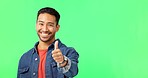 Face, thumbs up and man in green screen studio with yes, thank you and winning hand sign on mockup background. Hand, portrait and man with gesture for support, success and good job emoji isolated