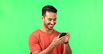 Happy, search and phone with asian man on green screen for social media, technology or website. Internet, app and online news with male and text message on studio background for smile, mobile or chat