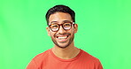 Face, eyewear and vision with a man on a green screen background in studio laughing at his sense of sight. Portrait, glasses and prescription frame lenses with a handsome young male on chromakey