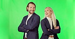 Business couple, crossed arms portrait and green screen or happy, collaboration of laughing businessman and corporate woman. Professional partner, successful people and isolated studio background