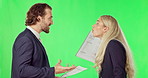 Arguing, angry and business people with a document on a green screen isolated on a studio background. Fight, stress and a man and woman speaking about a corporate report problem and shouting