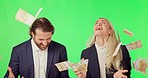 Business people, cash and celebration in money rain on green screen for winning against studio background. Happy businessman or woman excited for investment profit, win or financial freedom on mockup