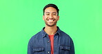 Man, studio and laughing for green screen portrait with space for product placement and happiness. Face of asian male model person with a smile for advertising on studio background or chroma key