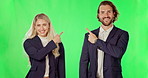 Portrait, pointing and a business team on a green screen background in studio for branding or promotion. Happy, teamwork or collaboration with a man and woman employee team on chromakey mockup