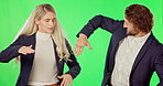 Robot, dance and comic with business people on green screen for celebration, fun and partnership. Music, freedom and energy with man and woman on studio background for dancing, cool and funny
