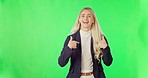 Face, green screen and woman pointing, self and motivation against a studio background. Portrait, female entrepreneur and person with happiness, ambitious and empowerment with ego and confidence