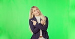 Business woman, pointing finger and green screen with space for bad review, rating or feedback. Portrait of professional female with hand gesture for disappointment, choice and no opinion in studio