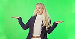 Business woman, decision and product placement on green screen in advertising against studio background. Portrait of thoughtful female with hands out showing bad or good choice in marketing on mockup