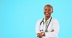 Proud face of doctor or black woman isolated on blue background, healthcare leadership and happy career. Happy professional or medical person portrait with hospital, clinic or health mockup in studio