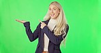 Business woman, hands and green screen with space for bad review, rating or feedback. Portrait of professional female advertising good quality choice, promotion option or deal for product placement